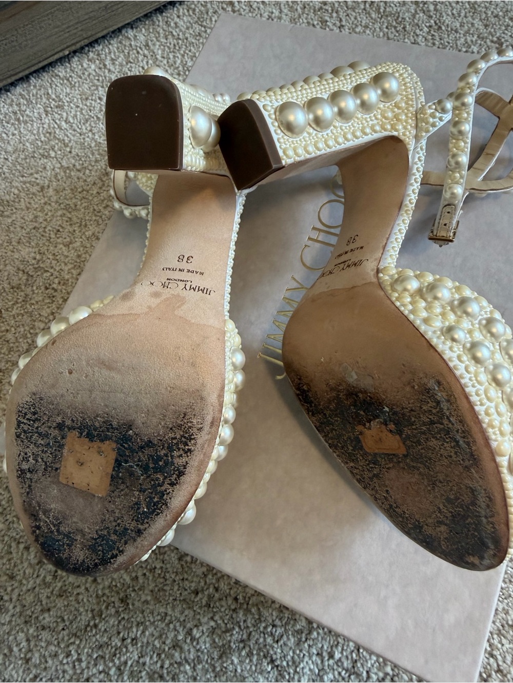Jimmy Choo Pearl-Embellished Cream Block Heel Sandals - Picture 10 of 13